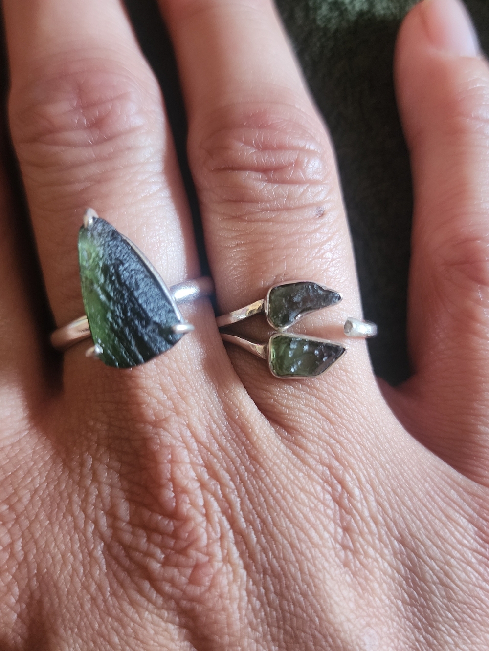 Green Moldavite Sterling Silver Ring - Genuine Precious Gemstone Crystal